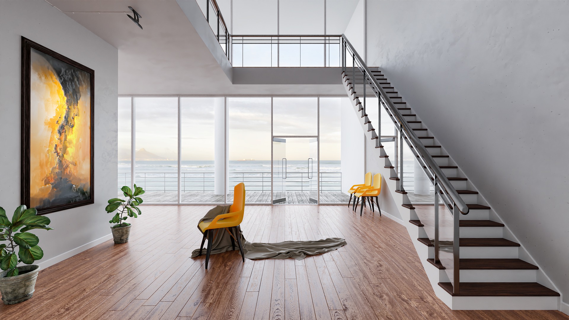 Sala ampla com parede clara e vista para o mar